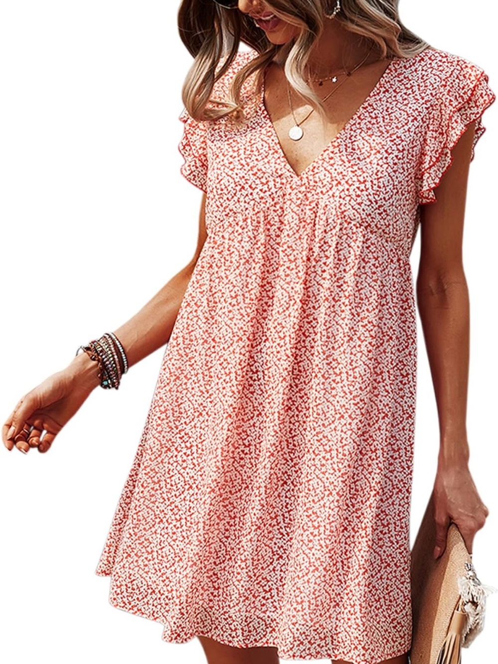 Red Floral Ruffle-Shoulder Dress - Picture 5 of 7